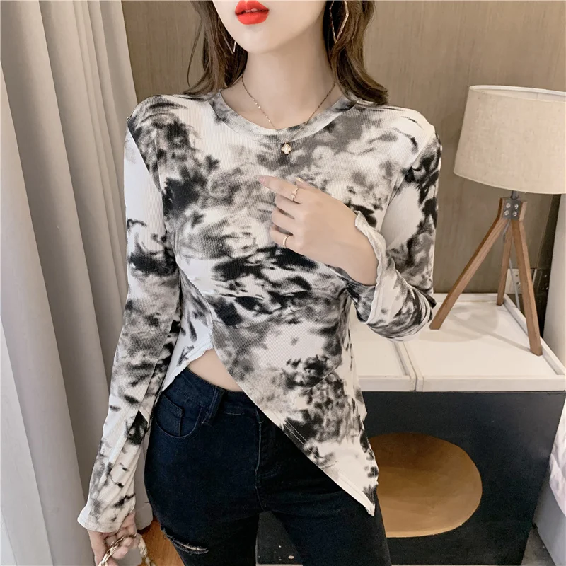 

Fashion Slim Y2K Women's T-shirt Casual Tie-dye Irregular Slit Long Sleeve Basic Female Clothing High Street Spring Top Women
