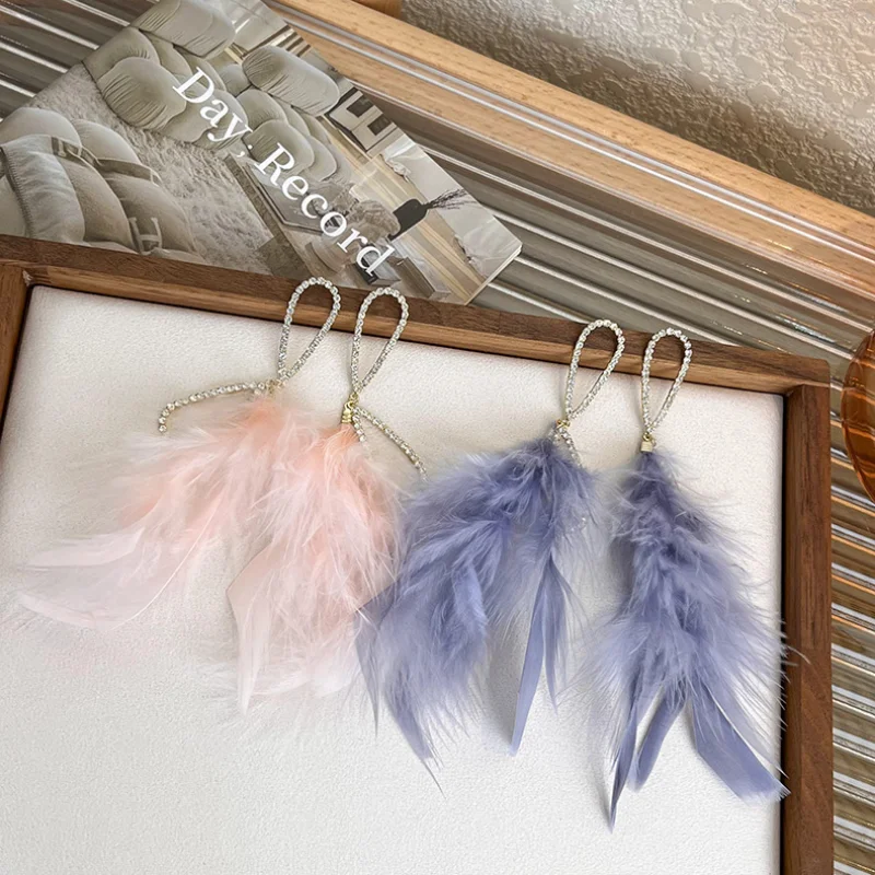 

Minar 2022 Autumn Winter Pink Blue Color Feather Earring for Women Bling Rhinestone Hollow Brass Gold Bowknot Long Drop Earrings