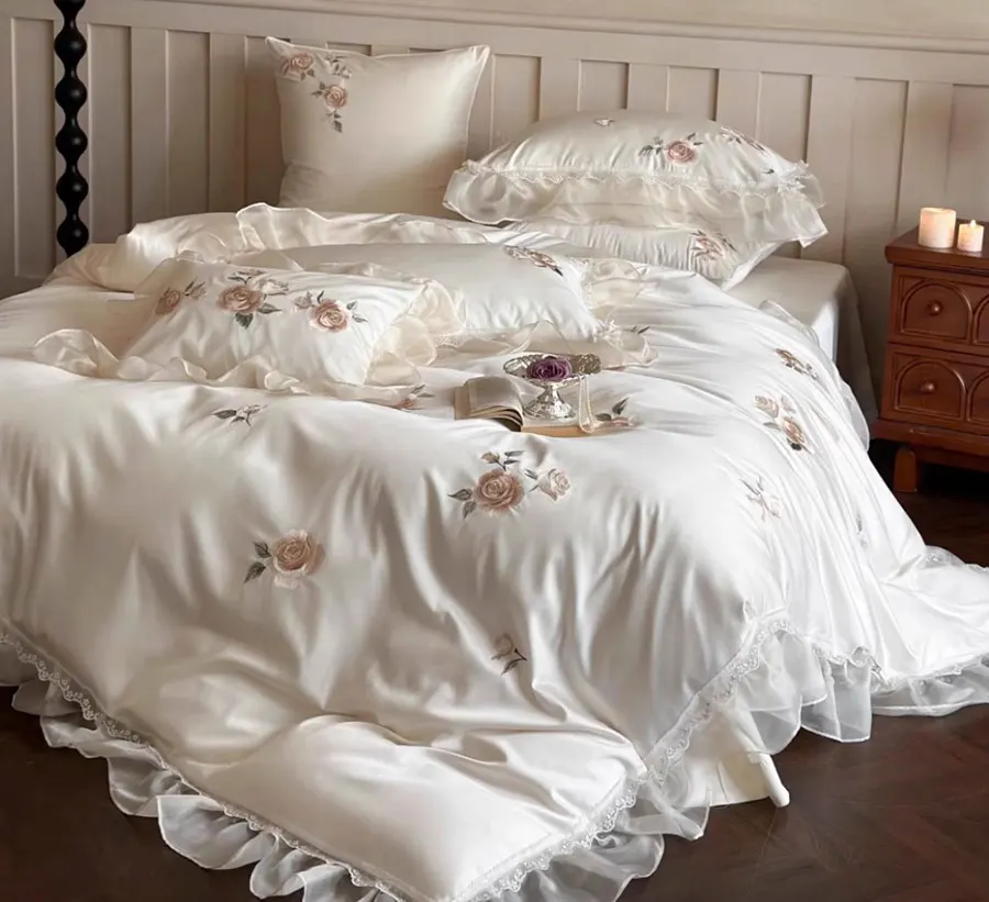 Комплект постельного белья Fairyfair с вышивкой в виде цветка розового кремового