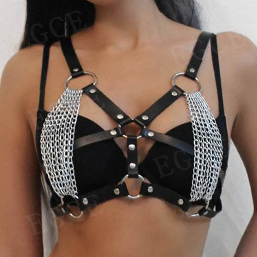 

Гот Бюстгальтер Сексуальная Женщина Белье Кожаное Тело Жгут Ремень Эротический Грудь Цепи Подтяжки Панк Корсет Ремни Фестиваль Наряды Женщины
