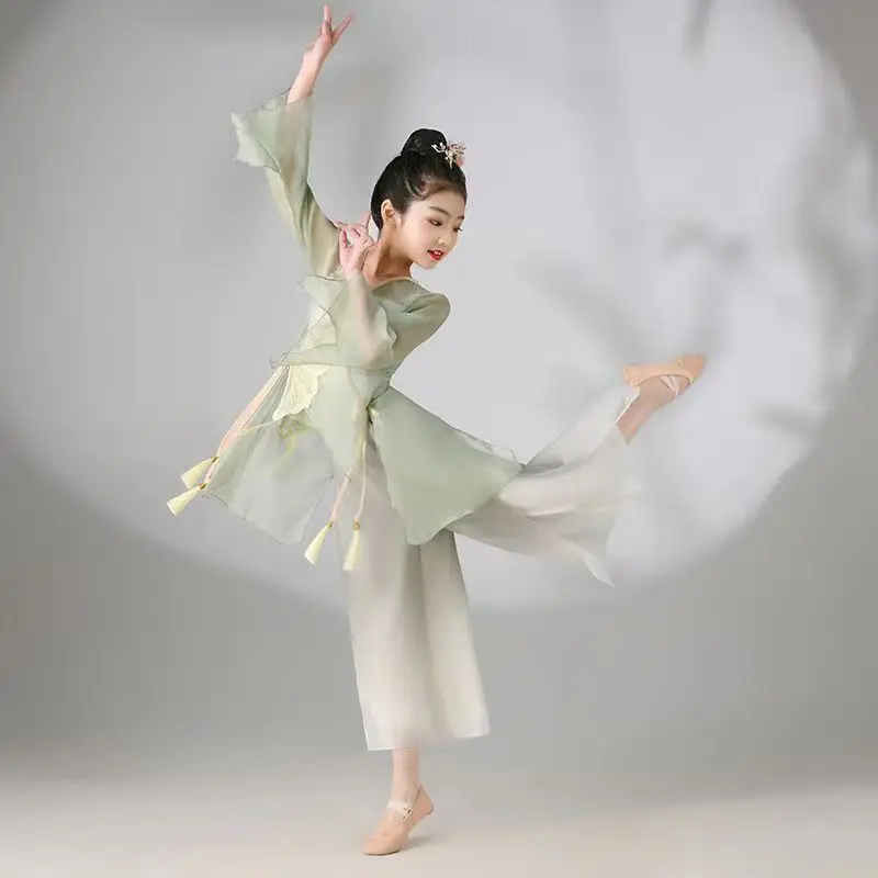 

Kid Girl Classical Dance Clothing Embroidered Gauze Top Bow Lace-up Gradient Split 2-Layer Chiffon Flowing Wide Leg Pants