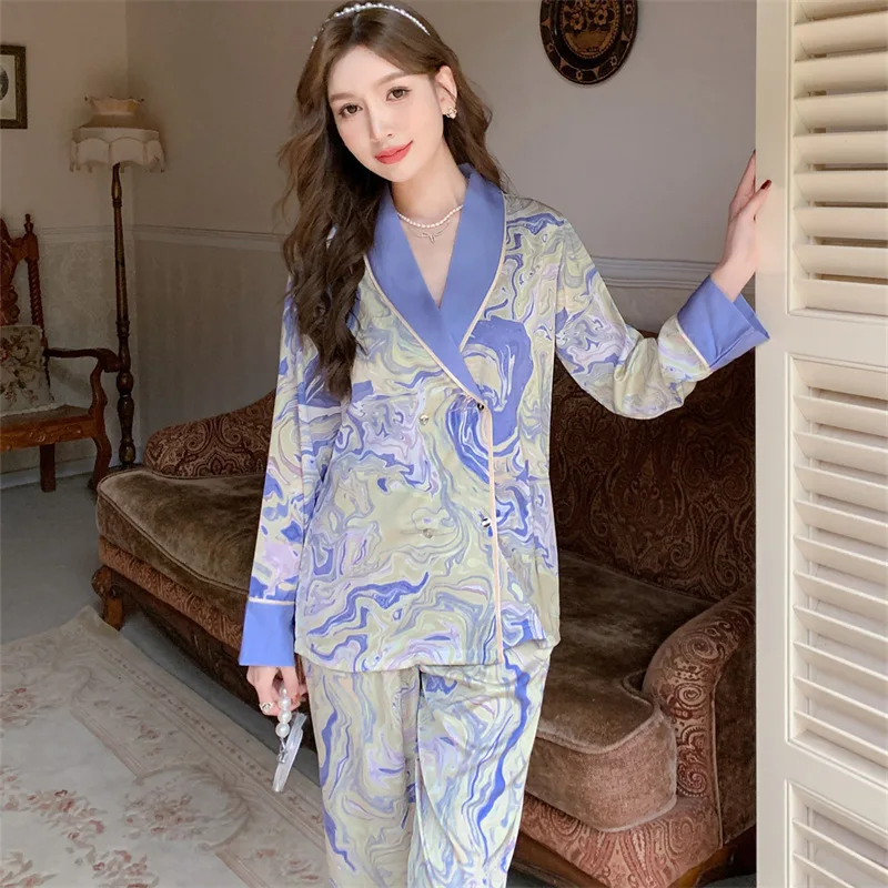 [Starry Sky] 2023 Spring and Autumn New Sleepwear Women's Ice and Snow Silk Printed Long Sleeve Cardigan Home Fur