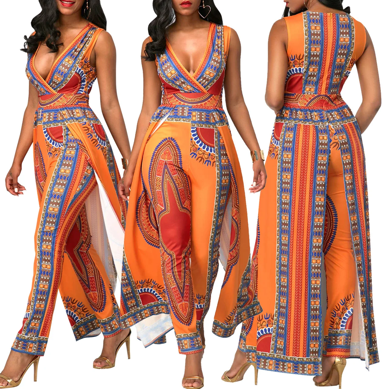

Women's Jumpsuit 2023 Spring Autumn Fashion Print V-Neck Orange Bodysuit Jumpsuit Women's Nightclub