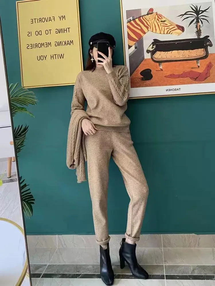 Autumn Winter Warm Knitted Women's Tracksuit Half High Collar Sweater Elastic Waist Pants Scarf Casual 3 Piece Set Women Outfit |