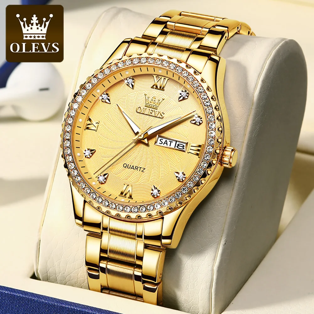 Men's Watch Luxury Oulishi Diamond Gold Week Display Calendar Small Three Needle Glow Waterproof Watch Men