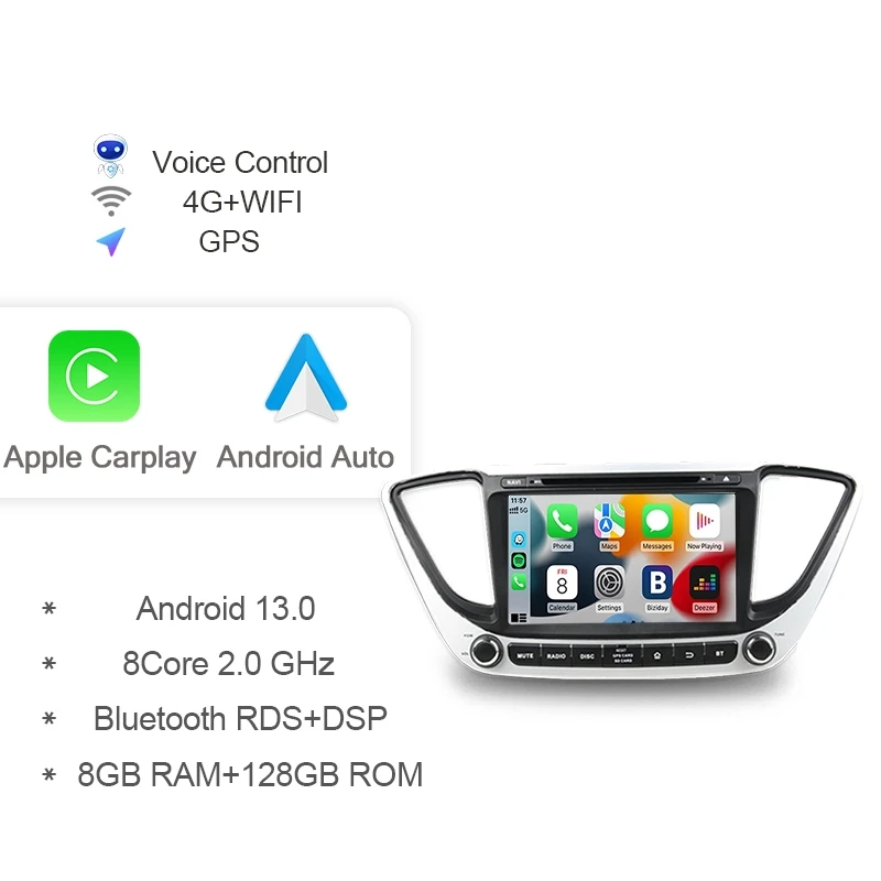 

Автомобильный DVD-плеер Carplay 8 дюймов IPS 720P Android 13,0 для Hyundai Accent Verna Solaris 2016-2021 GPS Радио Стерео 256 ГБ 4G LTE Wi-Fi