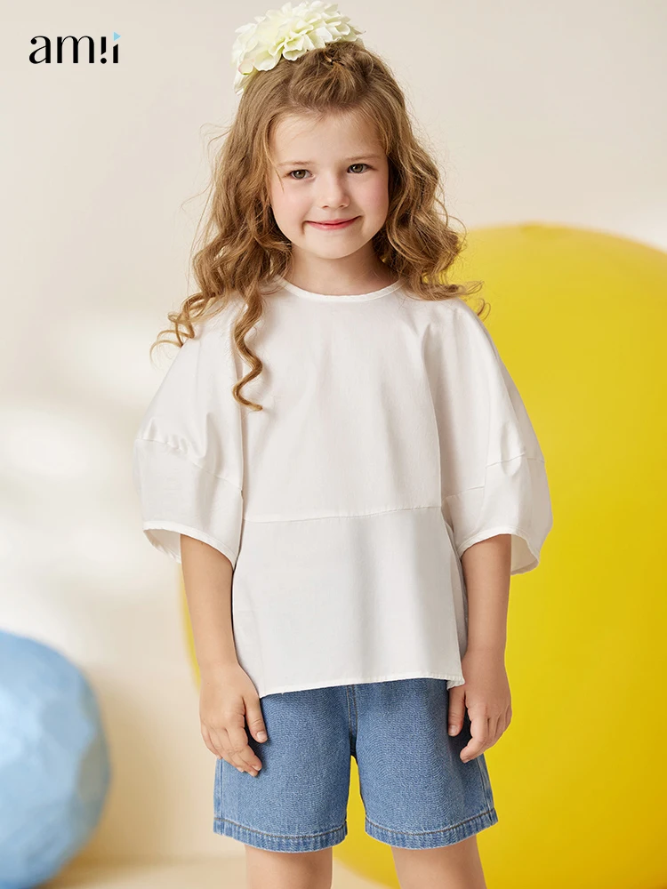 

AMII 4-12y Girls Shirt for Kids O-neck Cotton bat sleeve Summer Children Clothes A-line Loose Casual Blouse 22220022