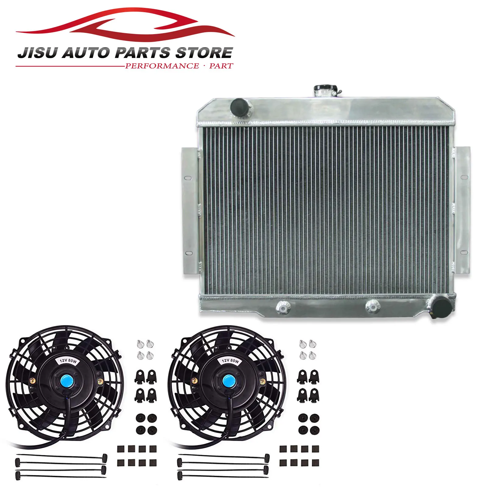 Aluminum Radiator + Fans for Jeep CJ Series 1970-1985 CJ5 CJ6 CJ7 V8 AT 1919E with Chevy swap