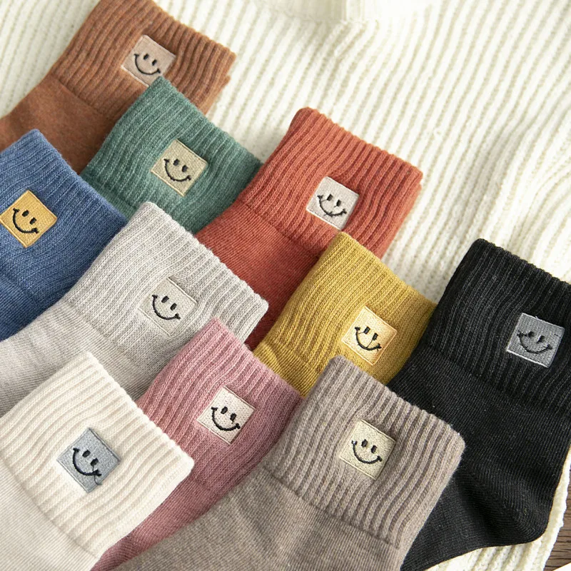 5 Pairs/Lot Women's Cotton Smile Embroidery Socks Cartoon Cute Solid Breathable Socks Happy Harajuku Casual Smile Funny Socks