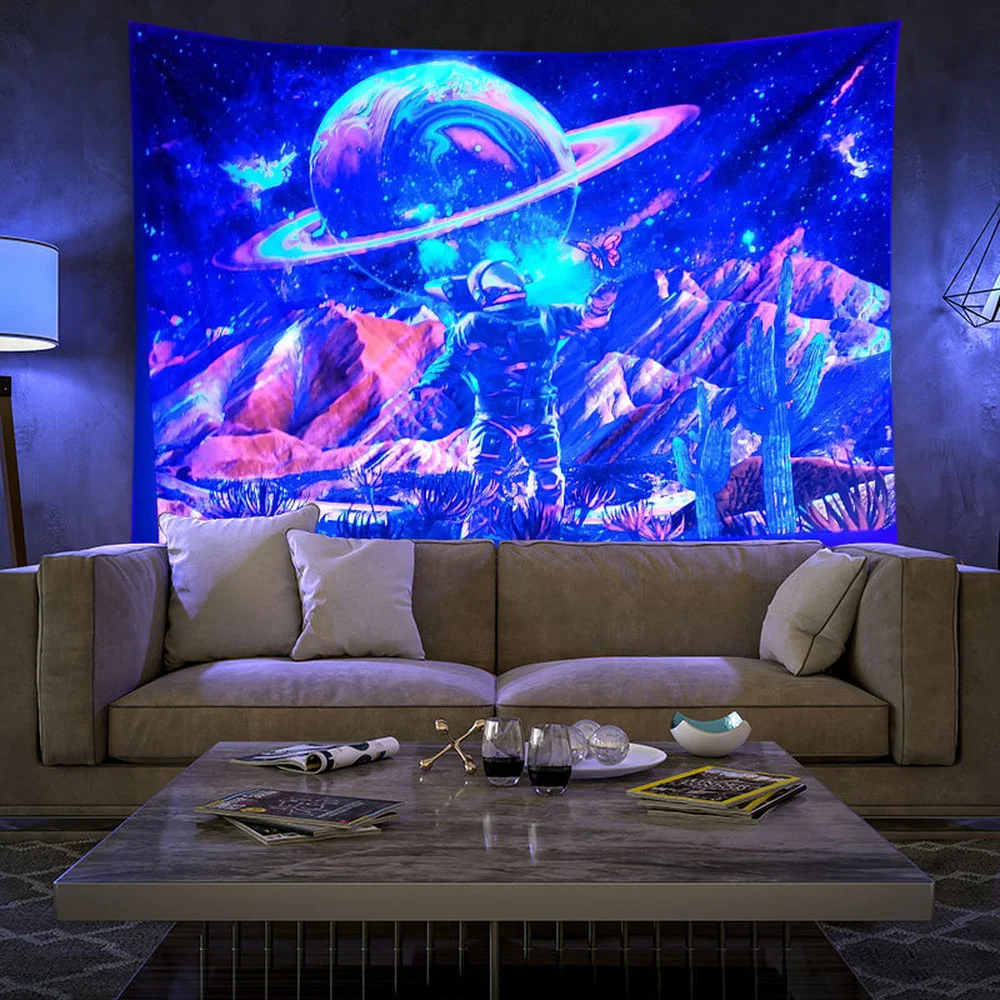 

Creative Astronaut Planet Print UV Fluorescent Tapestry Removable Washable Art Home Decor Cloth Beach Towel Beach Cushion