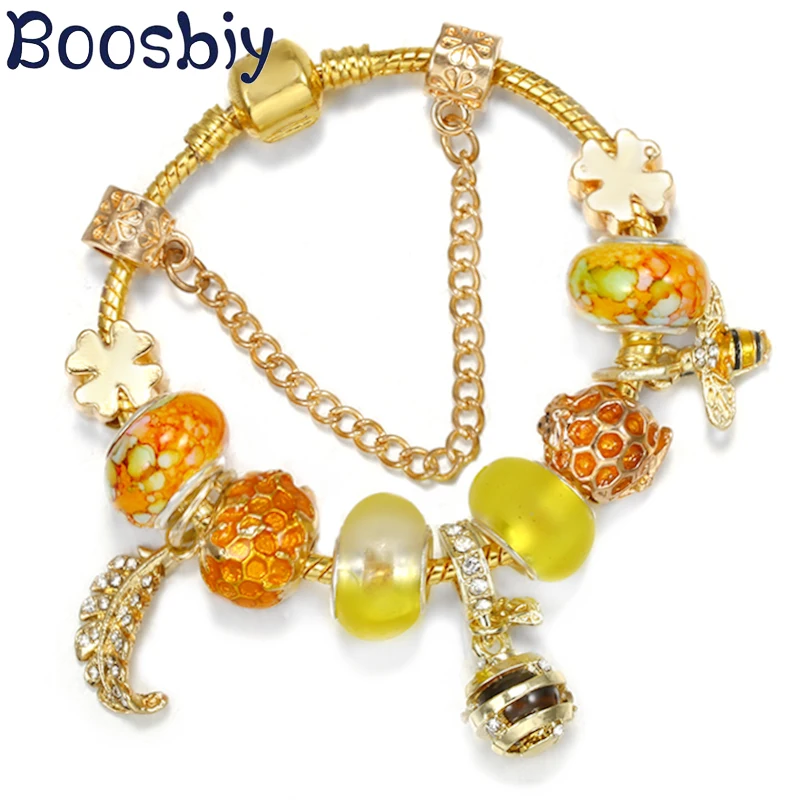 Золотые листья Цветок и пчела Медовая бусина с подвеской DIY Шарм Фирменный