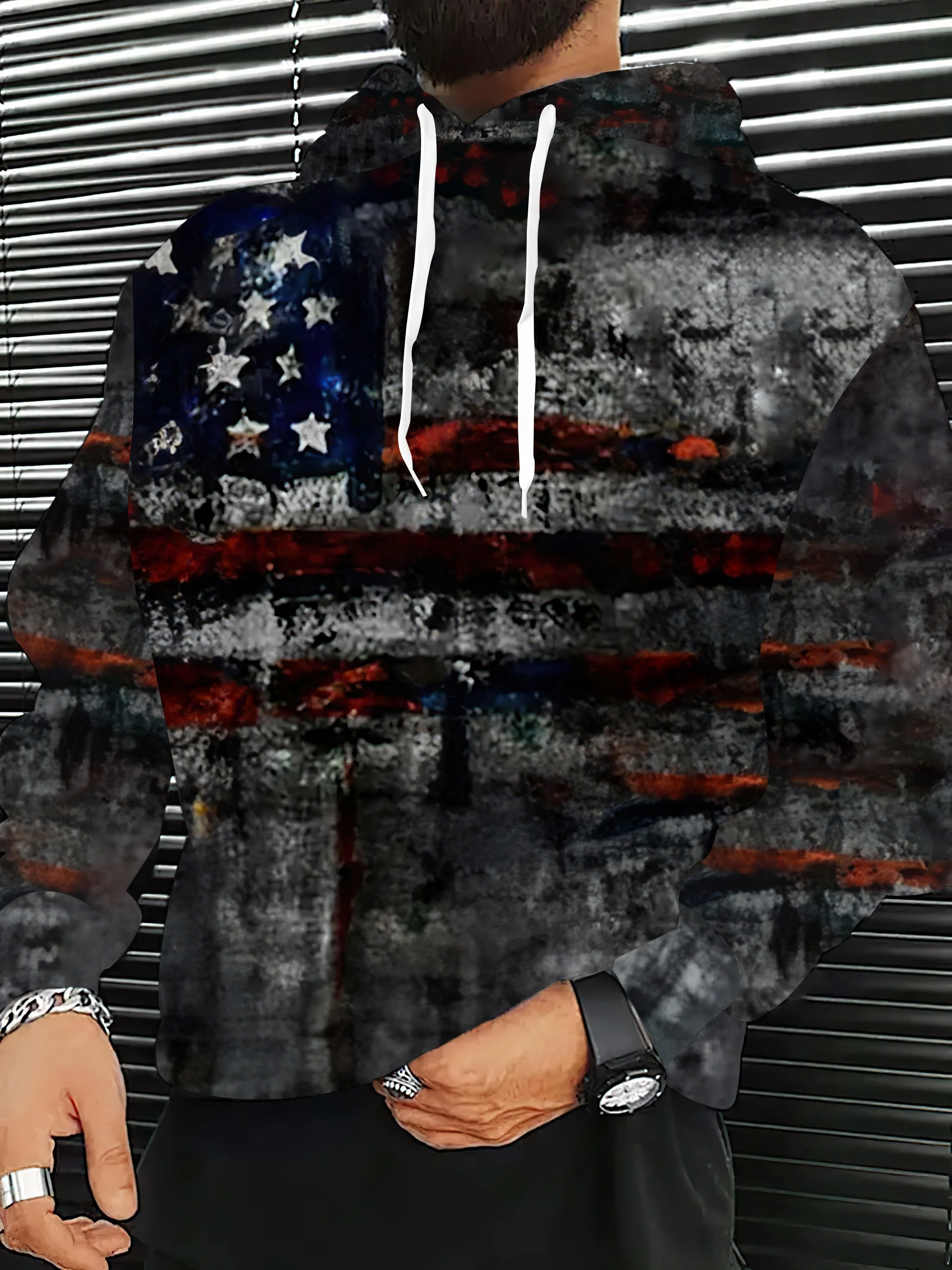 Vintage Flag Print Men's Sweatshirt Casual Streetwear Drawstring Raphic Hoodies Spring Fall Long Sleeve Hooded Man