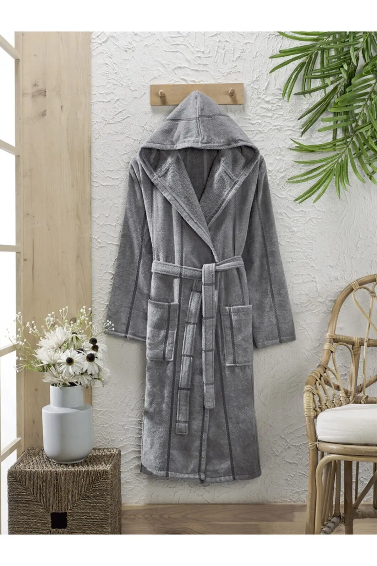 Cotton Velvet Hooded Unisex Anthracite Bathrobe-Lara Anthracite Hooded Bathrobe