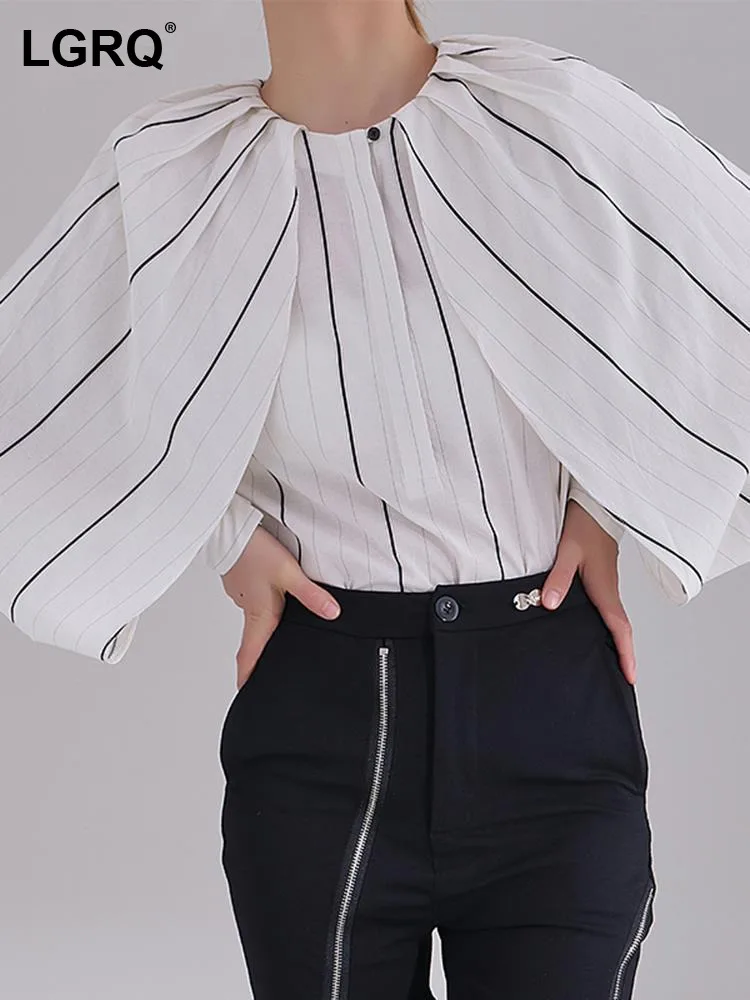 

LGRQ Elegant Design Long Leatern Sleeves Striped Women's Shirt O-neck Spliced Fashion Female Clothes 2023 Autumn New Tops 2YA920