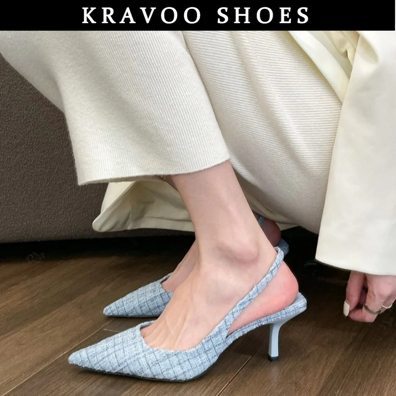 

KRAVOO Shoes Women Retro Pointed Mules Sandals For Women Braided Linen Ladies Slippers Offlce Lady High Heels Casual Shoes 2023