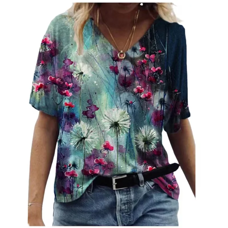 Купи 2022 Summer V-neck Women's T Shirts Vintage Clothes Floral Graphic Female Short Tops Harajuku Loose Oversized T Shirt Pullover за 179 рублей в магазине AliExpress