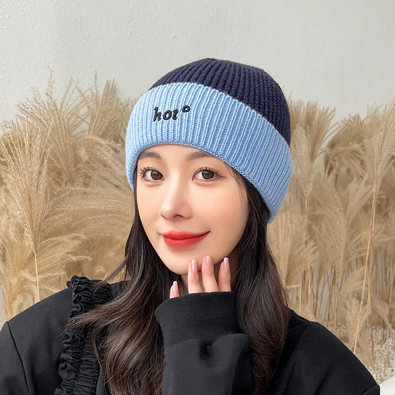 

New Women Two Tone Colors Winter Hat Fashion Knitted Hat Kpop Style Soft Beanie Hats Female Streetwear Cap