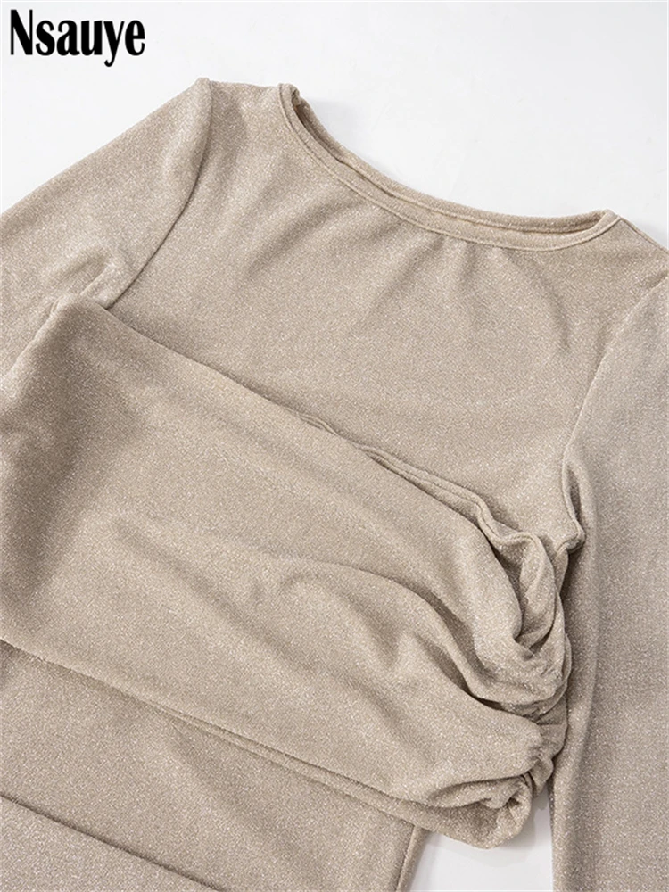 Nsauye блестящее однотонное длинное платье женское модное с круглым вырезом и