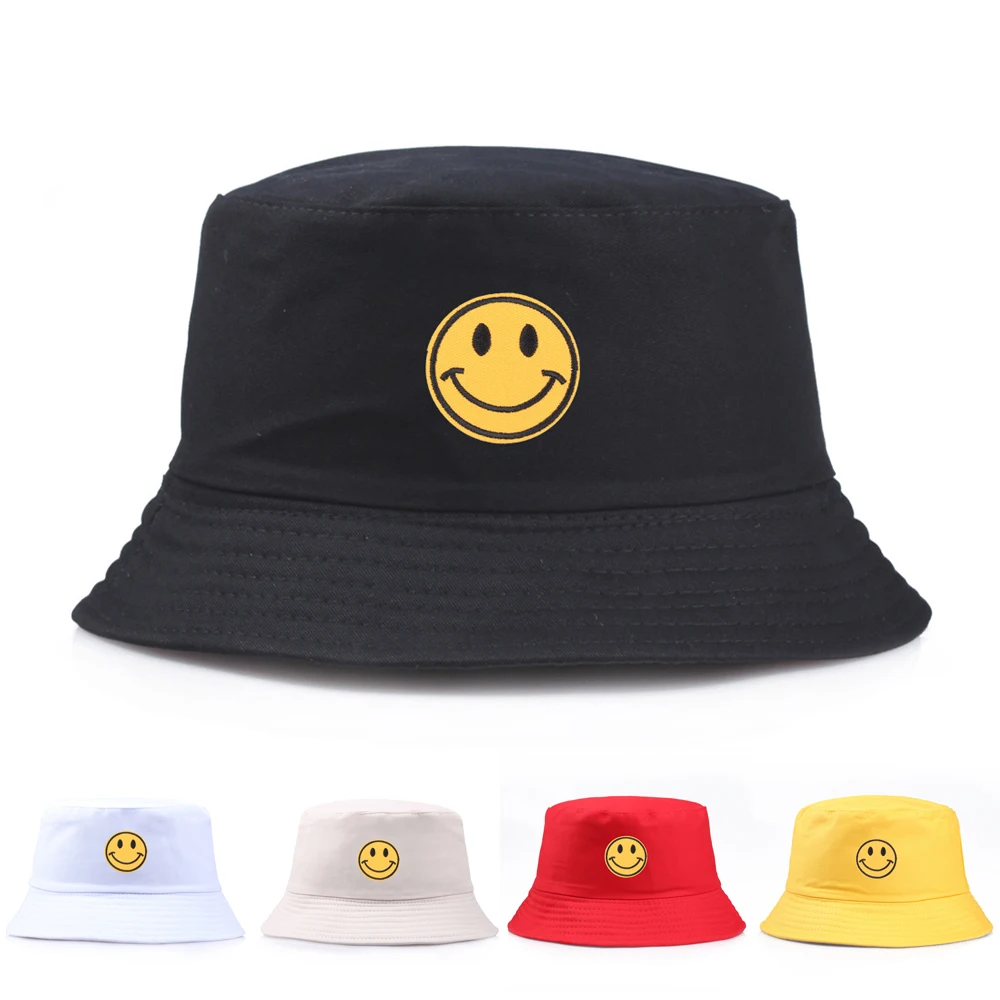 

Yellow Smile Face Bucket Hats for Women Men Summer Hip Hop Embroidery Panama Bob Caps Foldable Solid Cotton Sun Fisherman Hat