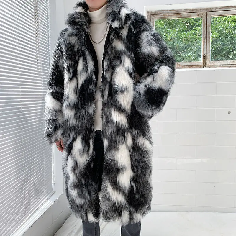 Fox Fur Men's Wear Trendy Long Over-the-knee Faux Fur Cotton Jacket Warmth Thick Windproof Cloak Hip-hop Imitation Casual Jacket