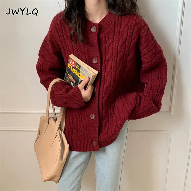

Cardigan Sweater Women's Korean Style Vintage Lazy Wind Loose Twist Knit Long Sleeve Top Solid Color All-match O Neck Outerwear