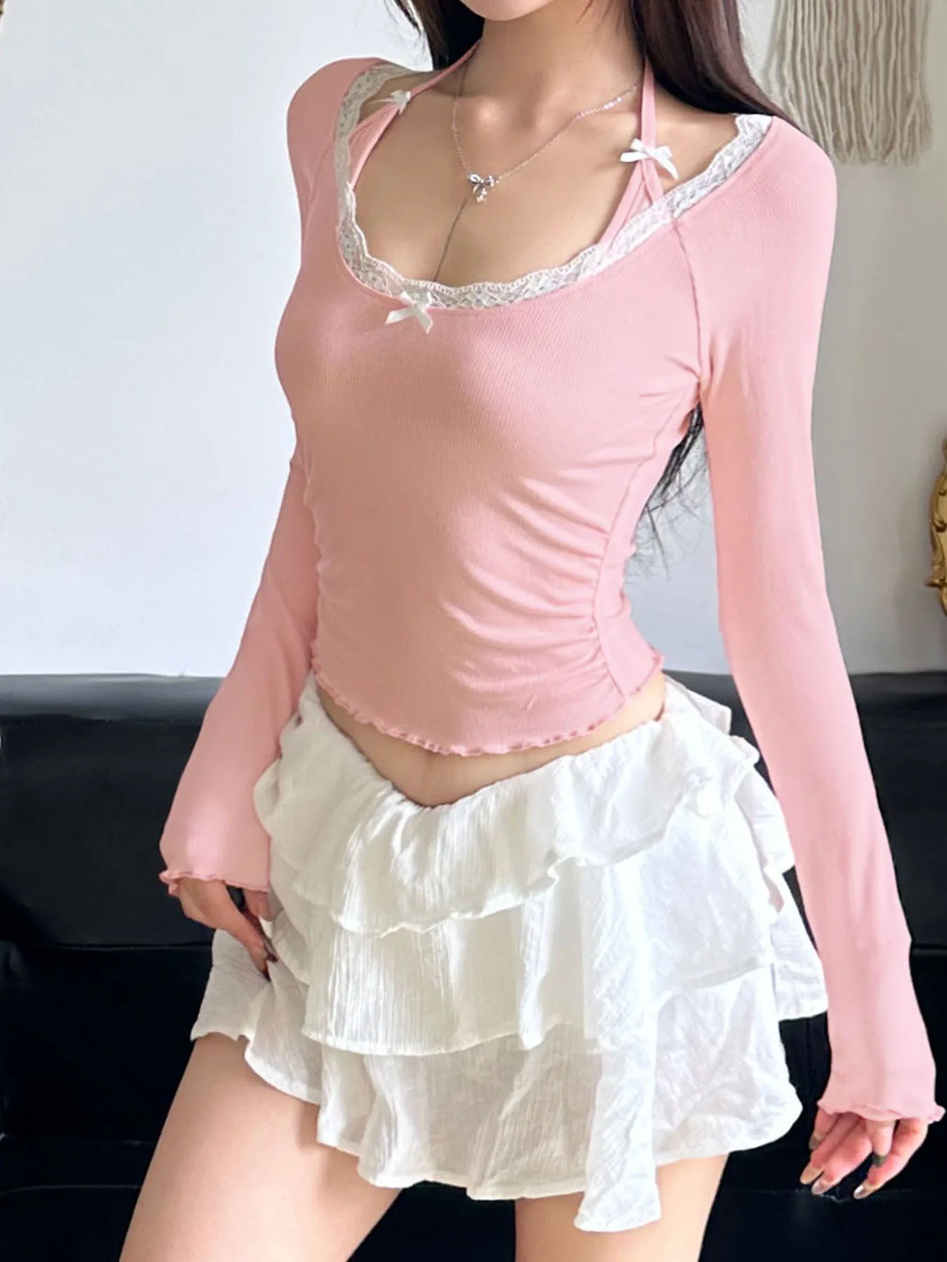 Футболка на шнуровке с имитацией двух предметов однотонная длинным рукавом