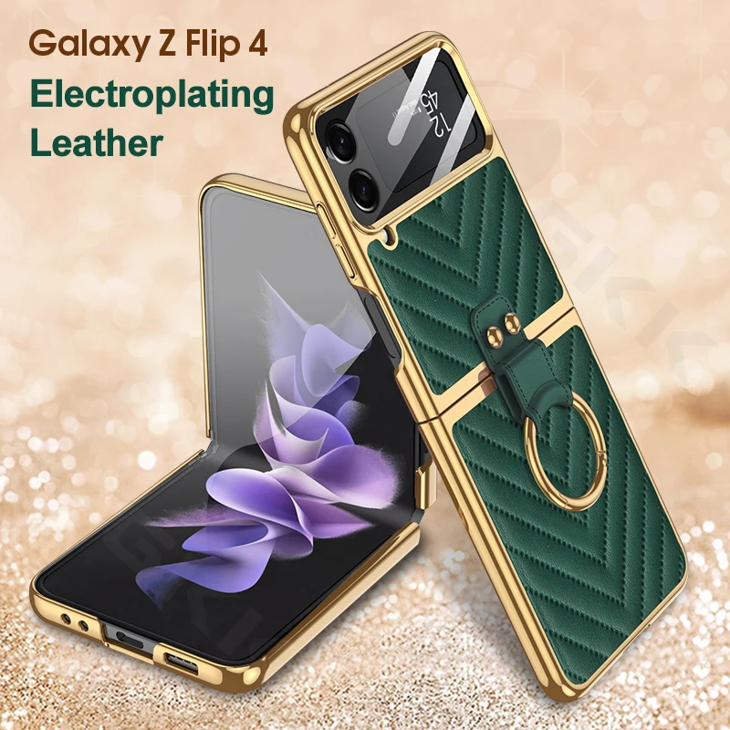 

Чехол GKK для Samsung Galaxy Z, флип-чехол 4 дюймов, внешний экран, стеклянная пленка, роскошный кожаный жесткий чехол для Samsung Z flip4, чехол-подставка с к...