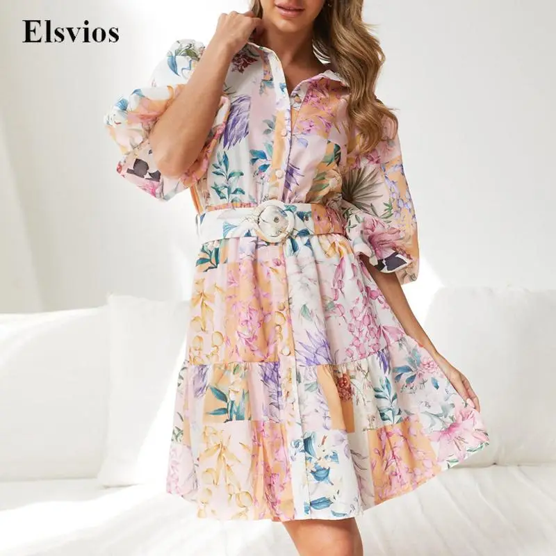 

Chic Print Bohemian Short Dress Elegant Lantern Sleeve Turndown Collar Shirt Dress Fashion Women Single-breasted Belt Mini Dress