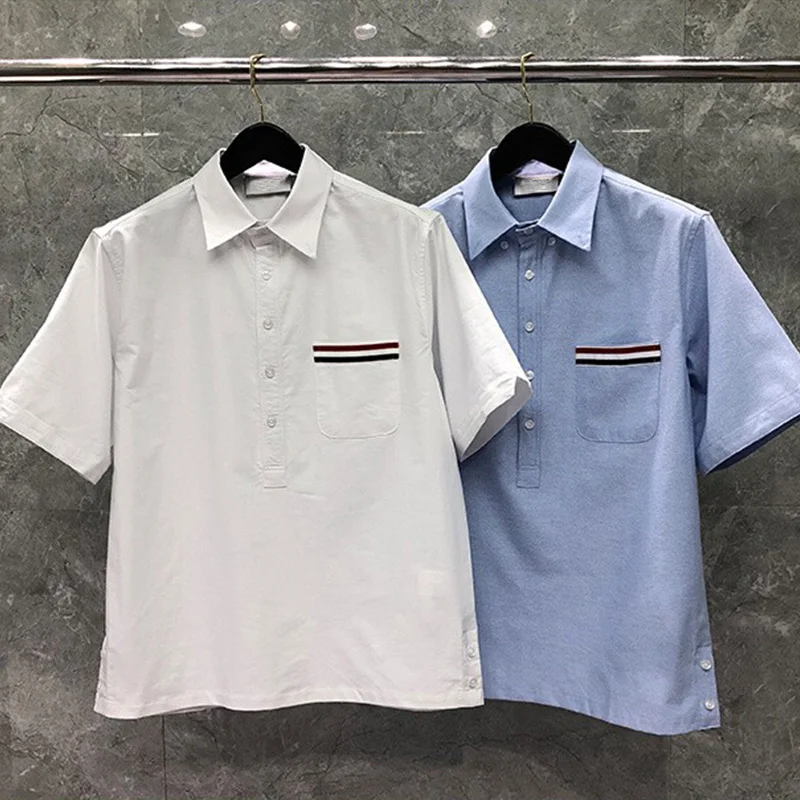 Fashion TB Summer THOM Shirt Brand Short Sleeve Men's Shirt RWB Stripe On Pocket Casual Cotton Oxford Slim Fit Wholesale Shirt
