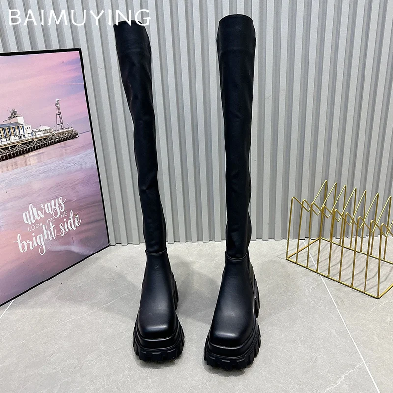Кожаные женские высокие сапоги на массивном массиве модные ботинки высоком