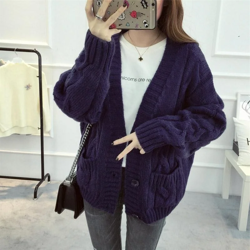 

Dark Purple Vintage Long Sleeve Women Sweater Casual Autumn Winter Streetwear Tops Coat Y2k Casual Loose Sweater