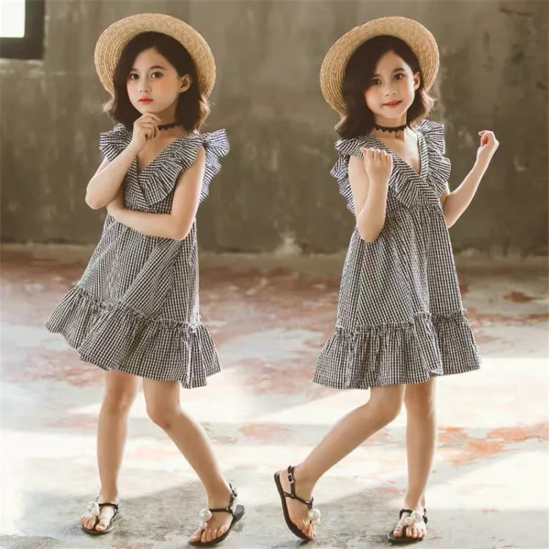 

2022 Summer Teen Girl Pleated skirt Princess Plaid Kids Dresses Sleeveless Vestidos Clothes mesh lace layers 6 8 9 10 12 14 Year