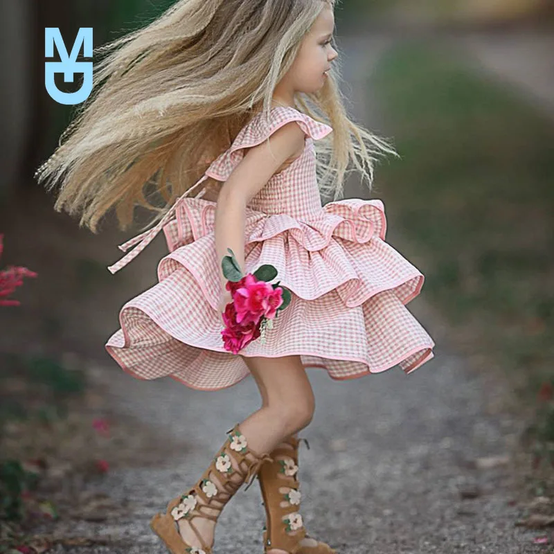 

New Children Summer Baby Girls' Clothing Plaid Flying Sleeves Backless Dress Party Fashion Kids Baby Girl Dress