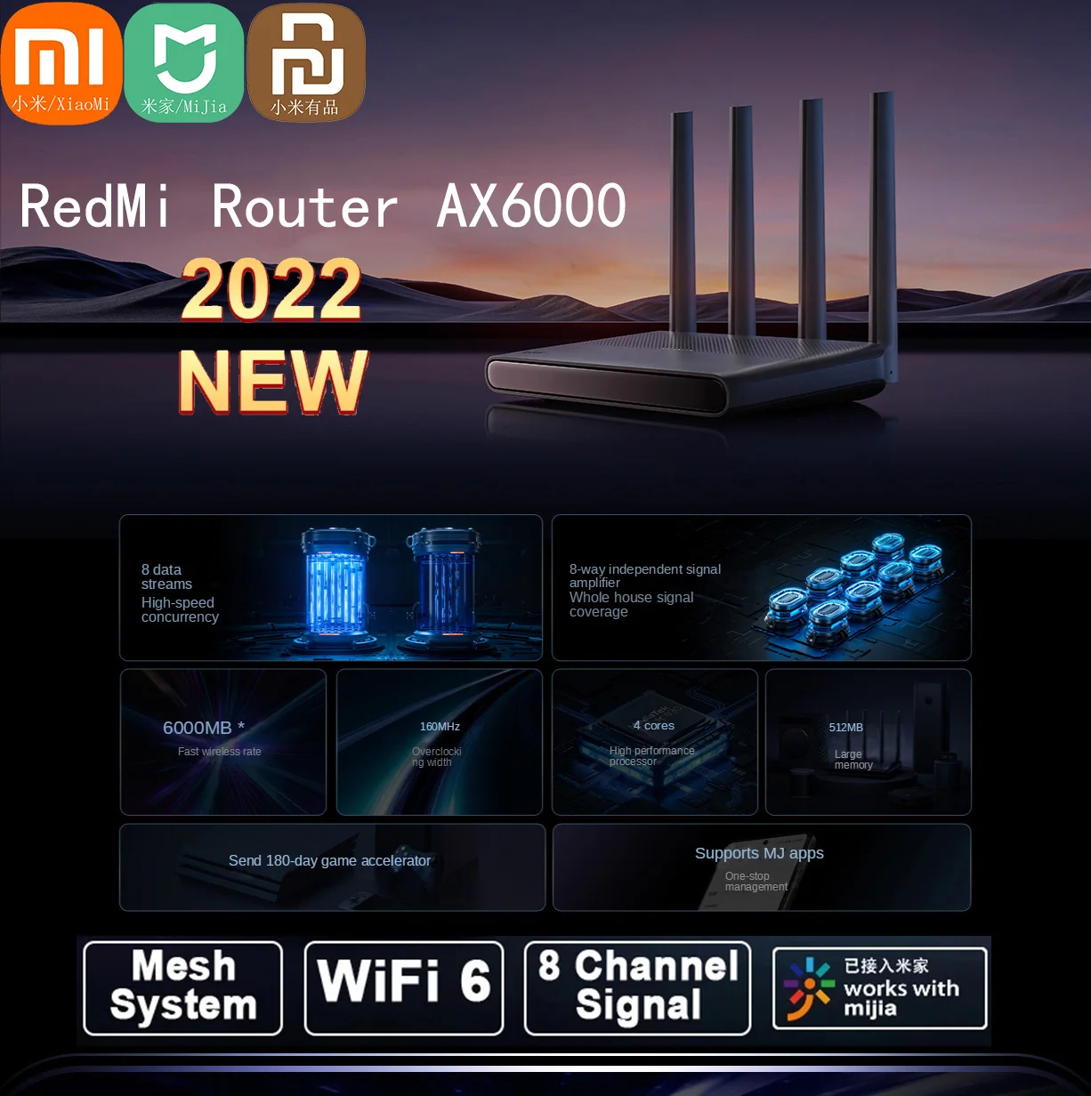 2022 Xiaomi Redmi Router AX6000 WiFi6 2.4G 5G Quad-core CPU 5952Mbs Mesh Repeater 8 Channel Signal Network Amplifier Mi Home App
