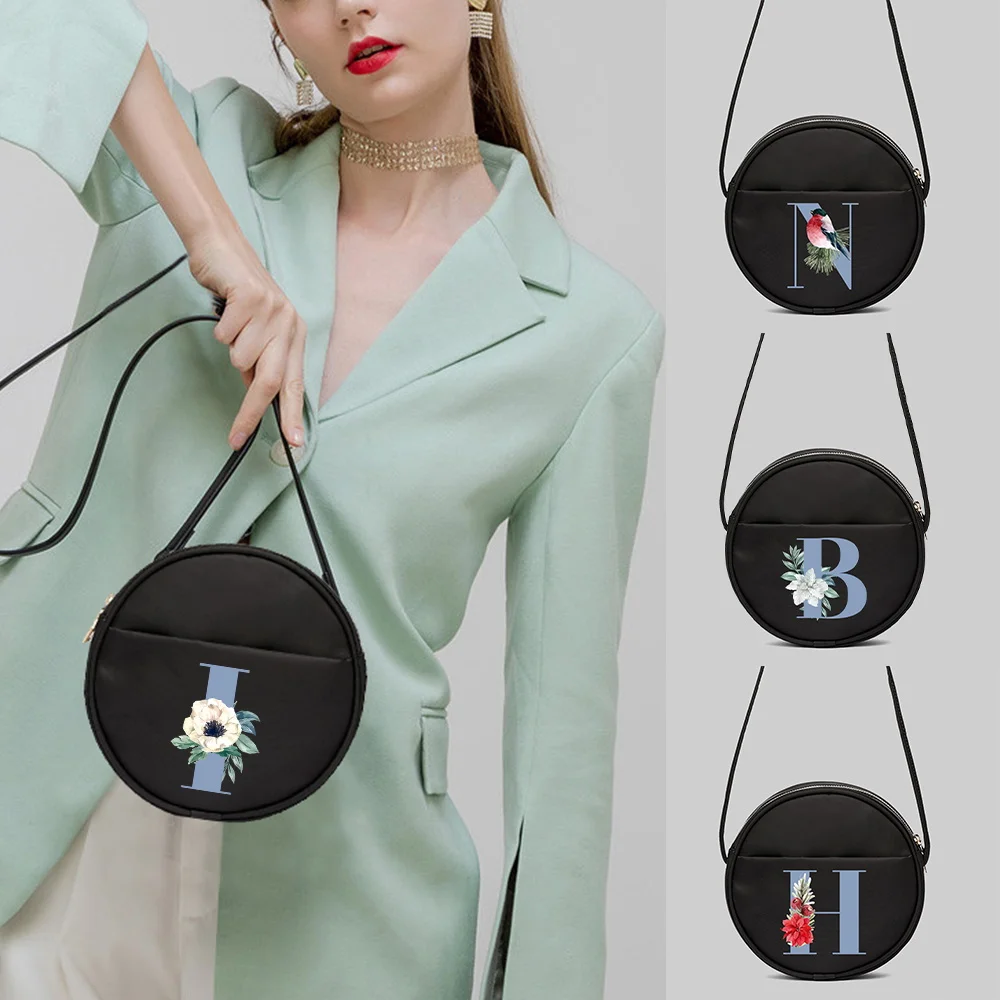 

Круглая Женская Холщовая Сумка, винтажная дамская сумочка черного и синего цвета с графическим принтом имени инициала, саквояж на ремне чер...