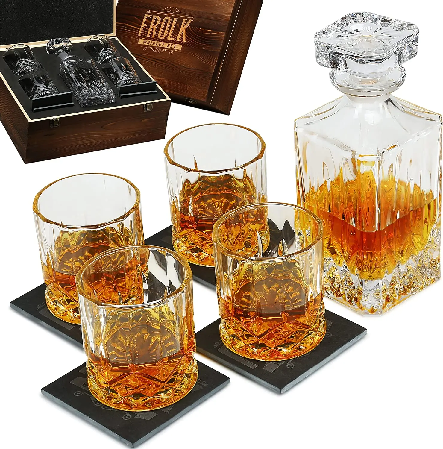 

Whiskey Bottle Set - Scotch Old Fashion Classic Glasses, Classic Decanter & Stone Coasters - Glass Bottles for Whiskey, Scotch