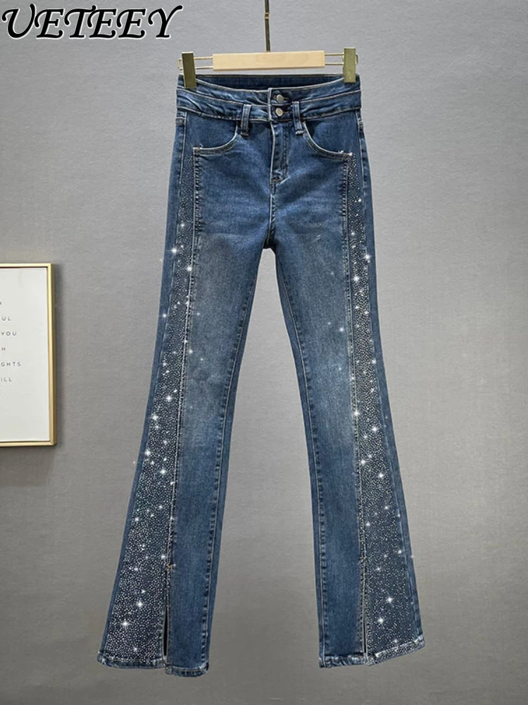 

Women's Fashionable Flare Jeans Autumn New Cotton Elastic High Waist Denim Pants Slim Fit Hot Rhinestone Split Bootcut Trousers