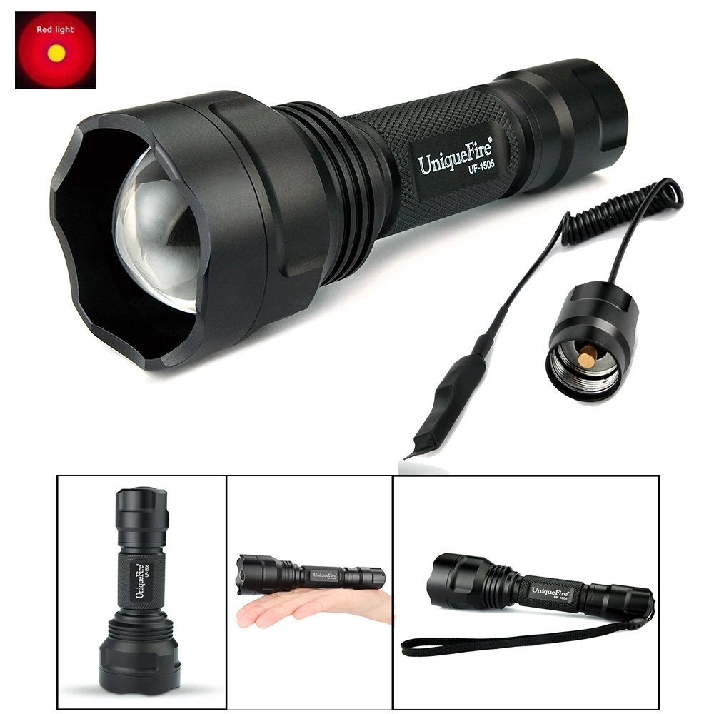 

UniqueFire Red Light Tactical Flashlight 1505 T38 XRE Zoom 3 Modes Military Quality Rechargeable Lamp Torch+Remote Pressure
