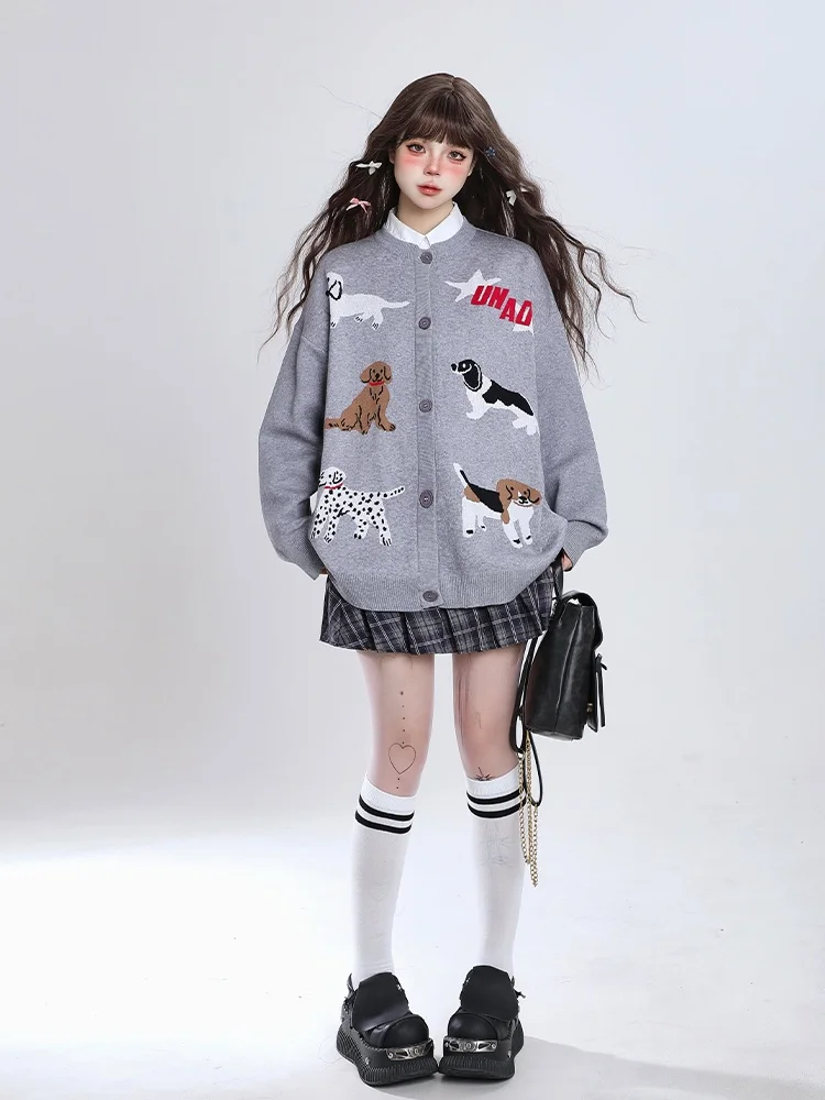 American vintage Cartoon Puppy Knit cardigan Autumn and Winter New Wear Idle Sle Korean Series Loose Sweater Outerwear Women