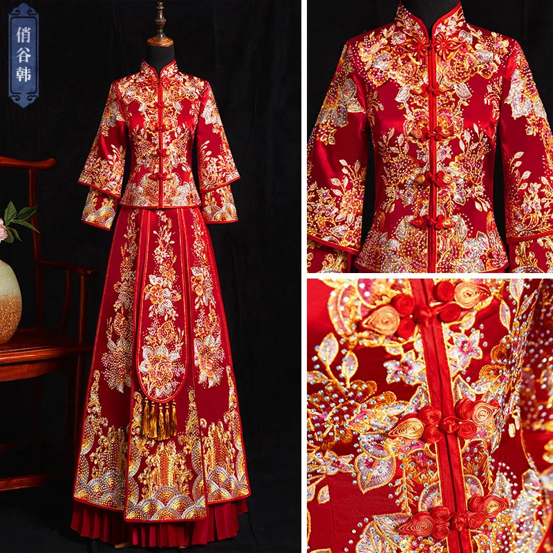 

2022 Classic Satin Red Golden Embroidery Cheongsam New Wedding Xiuhe Chinese Dress Bride Dragon And Phoenix Gown Toast Dresses