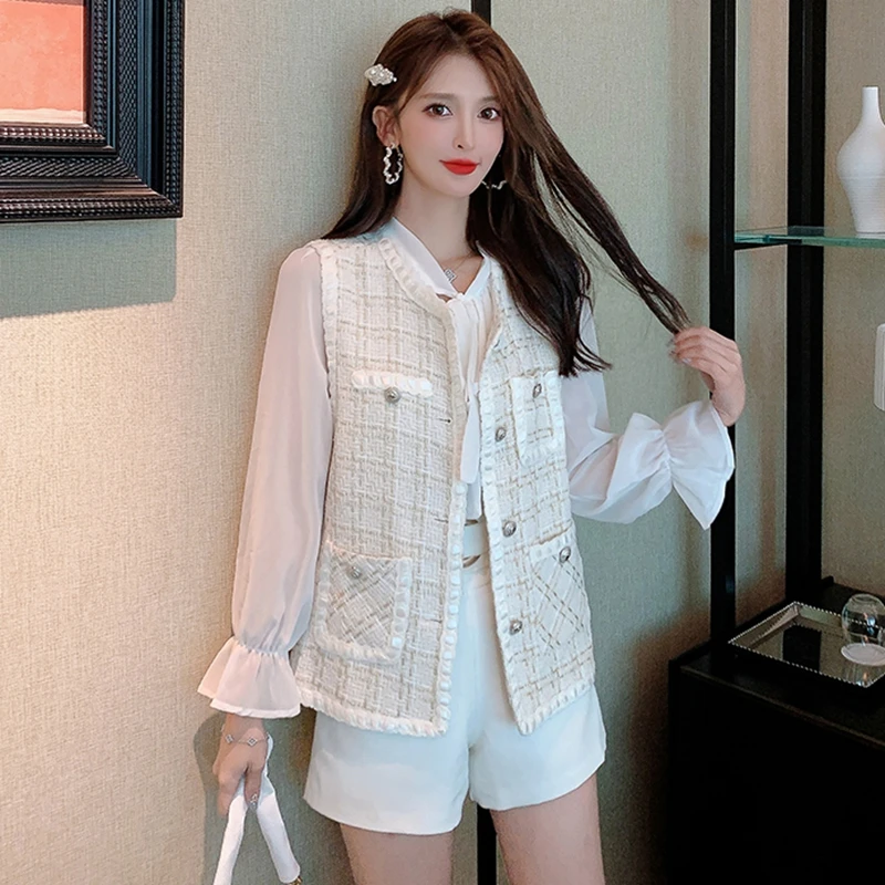 

2022 Autumn Fashion Spring Vest Women Tweed Sleeveless Jacket Casual Slim Plaid Waistcoat Gilet Femme