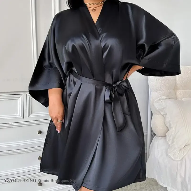 Фото Большой размер 3XL 4XL 5XL, женский халат, одежда для дома, черное шелковое атласное кимоно, банное платье, сексуальное домашнее платье, одежда для сна, свободная одежда для дома №1