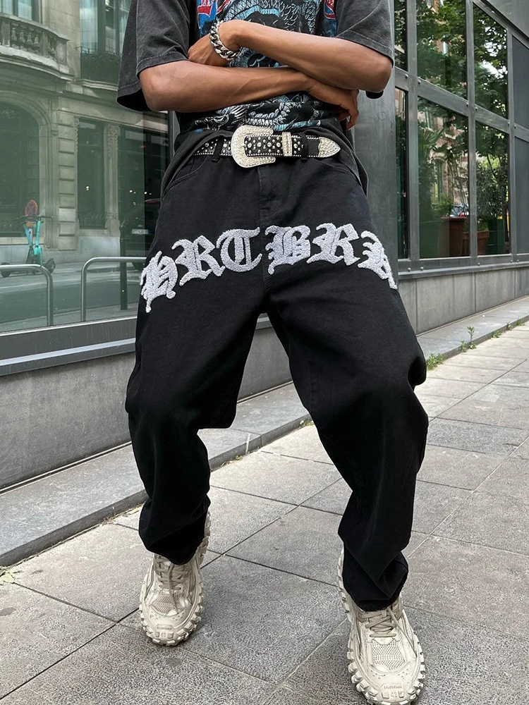 Black Vintage Jeans Men Latest Design Heart Character Patches Embroidered Casual Trousers Y2K Loose Straight Cotton Denim Pants