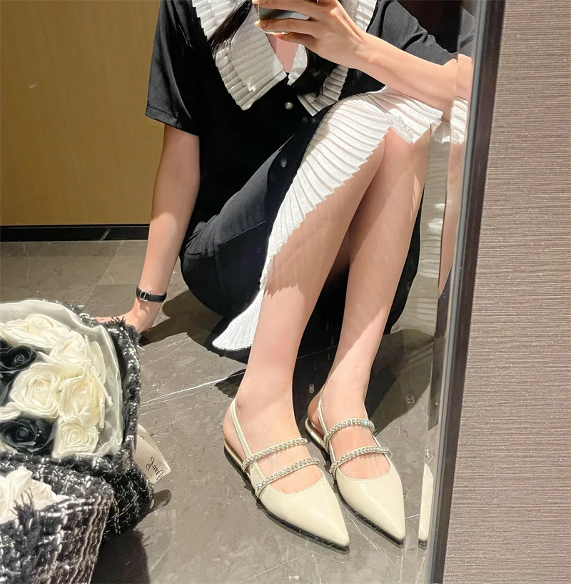 Fashion Pointed Sandals 2023 Summer Women's New French Flat Shoes Single Shoe Baotou Rhinestone Women's Shoes
