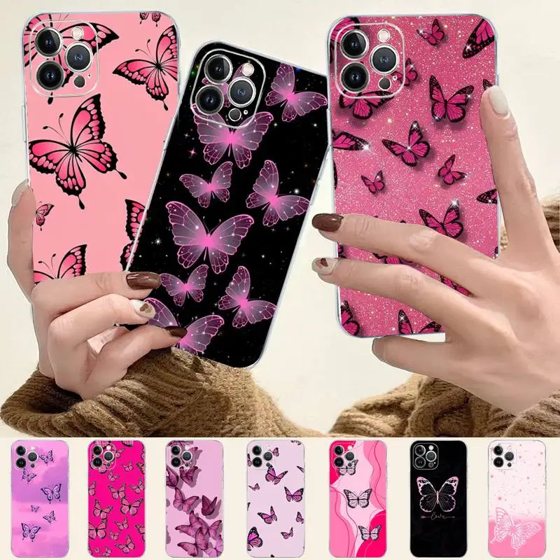 

Beauty Pink Butterfly Phone Case For iPhone 8 7 6 6S Plus X SE 2020 XR XS 14 11 12 13 Mini Pro Max Mobile Case