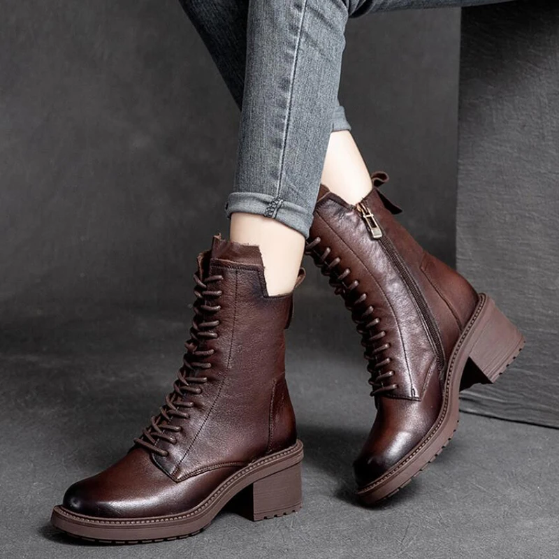 2023 High Top Cow Leather Quality Women Shoes Autumn Winter Square Med Heel Ankle Boots Lace Up Zipper Ladies Warm Cotton Boots