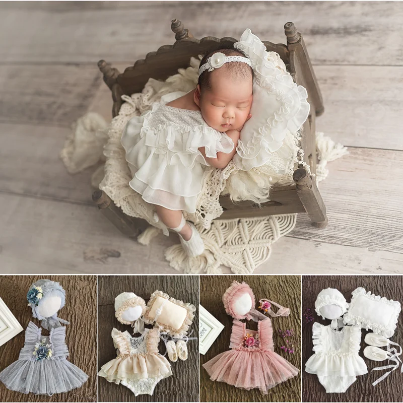 Dvotinst Newborn Photography Props for Baby Girls Lace Bodysuit Outfits Bonnet Pillow Fotografia Accessories Studio Photo Props