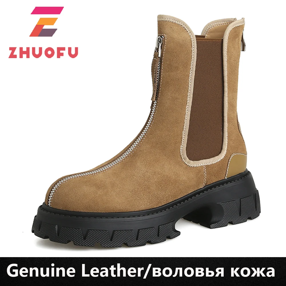 

Женские ботильоны ZHUOFU из коровьей замши, модные дизайнерские уличные ботинки на платформе и толстом каблуке с молнией для осени и зимы