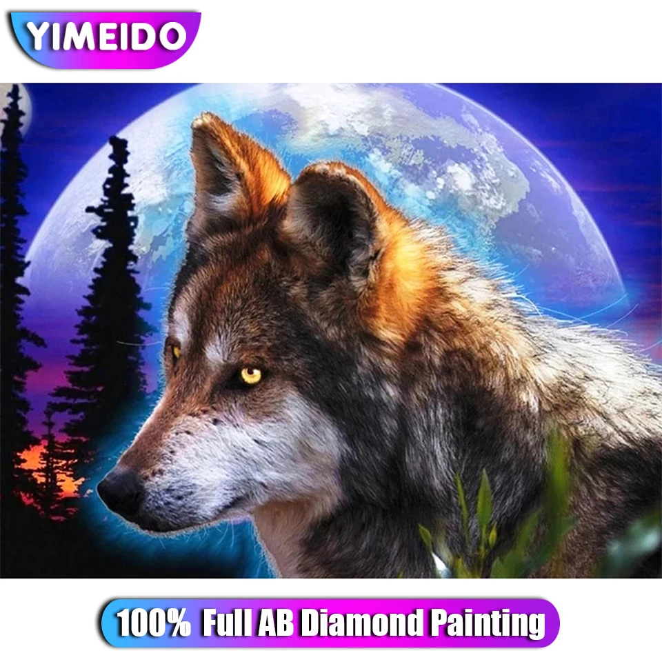 

YiMeiDo Animal Moon Full 100% AB Diamond Painting Colorful Wolf Diamond Embroidery Handmade 5D DIY Tree Mosaic Home Decor Gift
