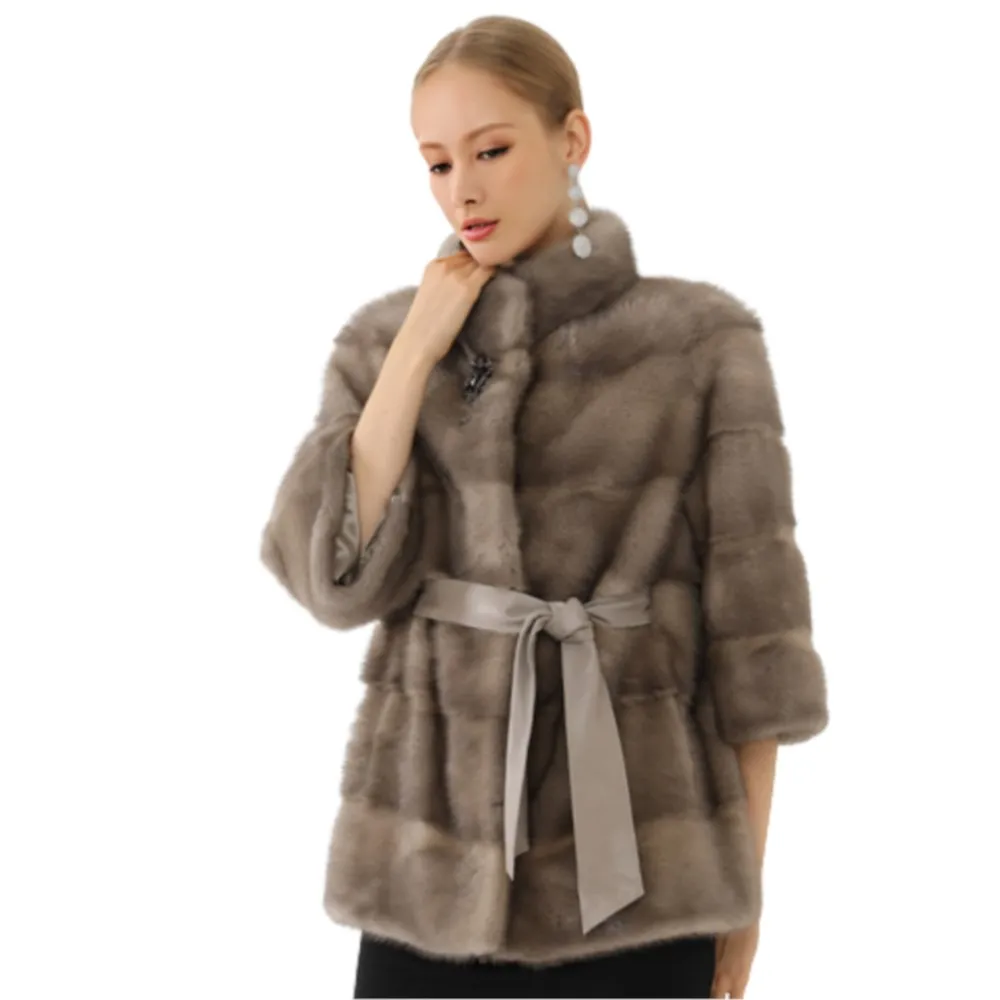 Women Winter Real Mink Coat With Collar Belt Luxury Fur Jackets Ladies Natural Solid Mink Coat Female Thicken Warm Slim Clothes